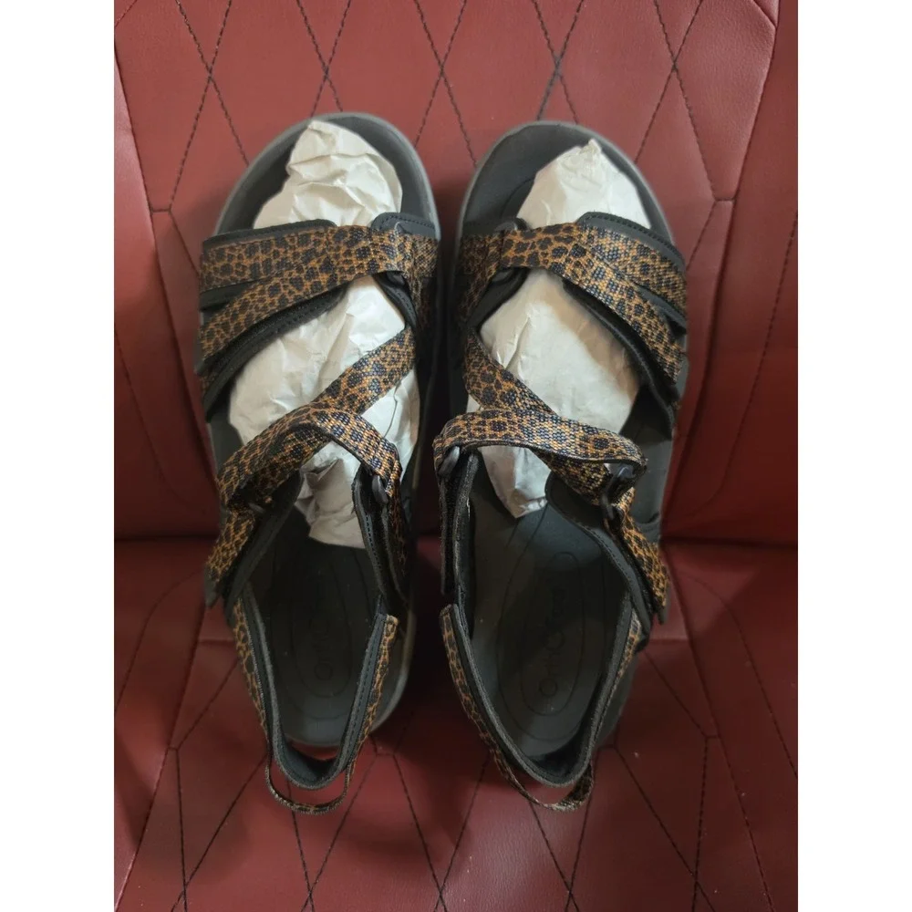 Orthofeet Women's Black/Brown Animal Print Strappy Sandals US 8 D